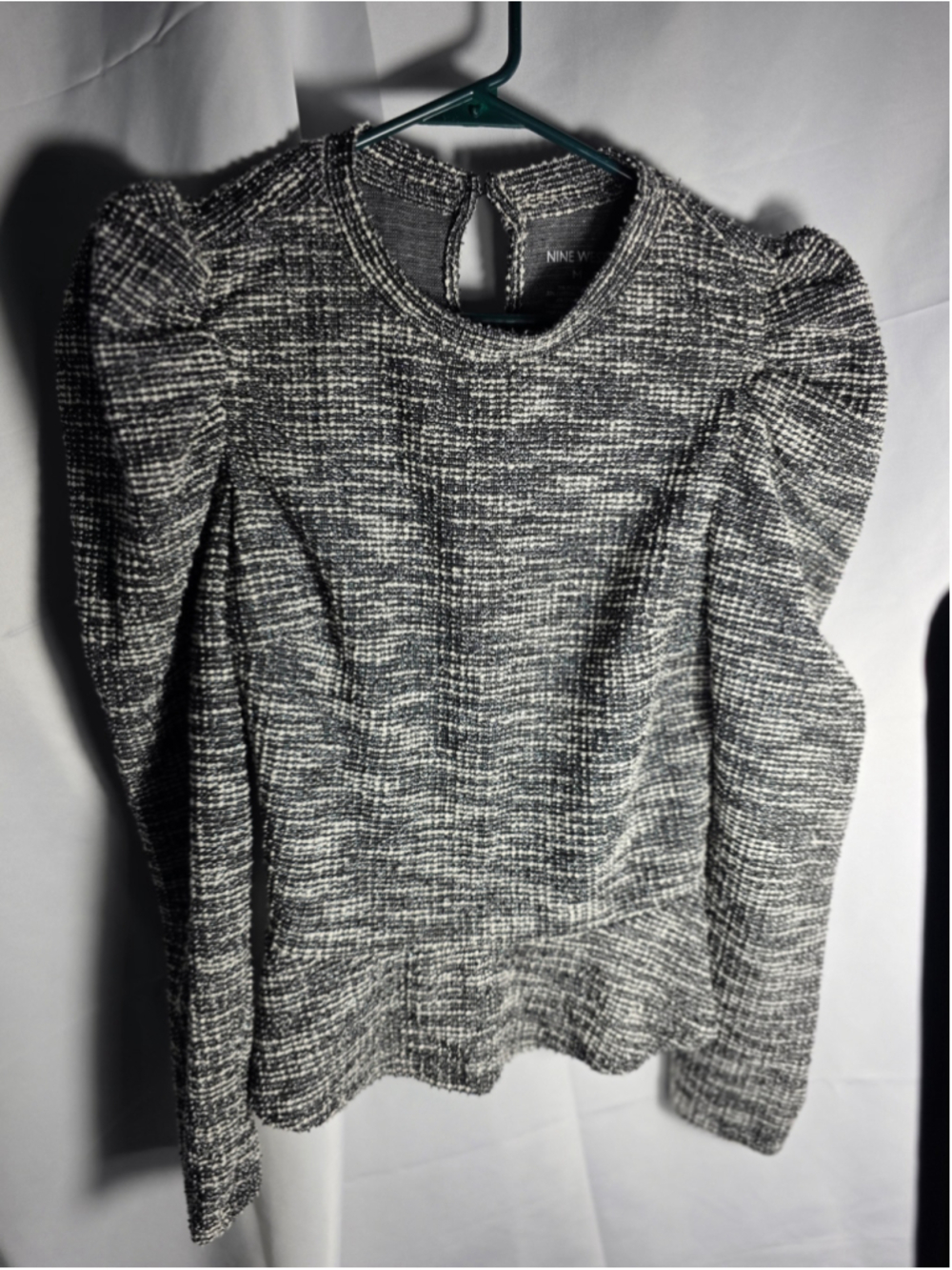 Women's Nine West Tweed Peplum Blouse Size M Black White officewear casual fall